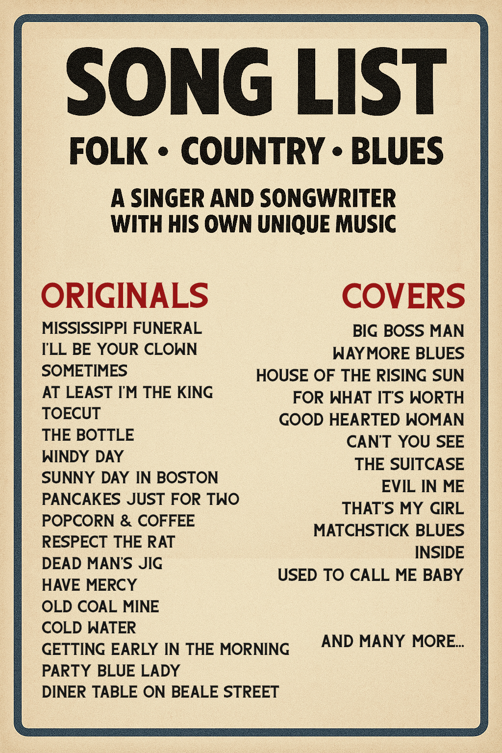 Grandpa Rufus' song list which includes originals like Mississippi Funeral and Dead Man's Jig